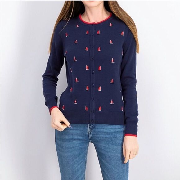 NWT⛵️Charter Club Navy Button Sweater Cardigan w/ embroidered ⛵️ sailboats Sz S - Picture 2 of 16